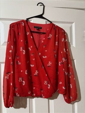 Banana Republic Red Floral V-Neck Wrap Blouse